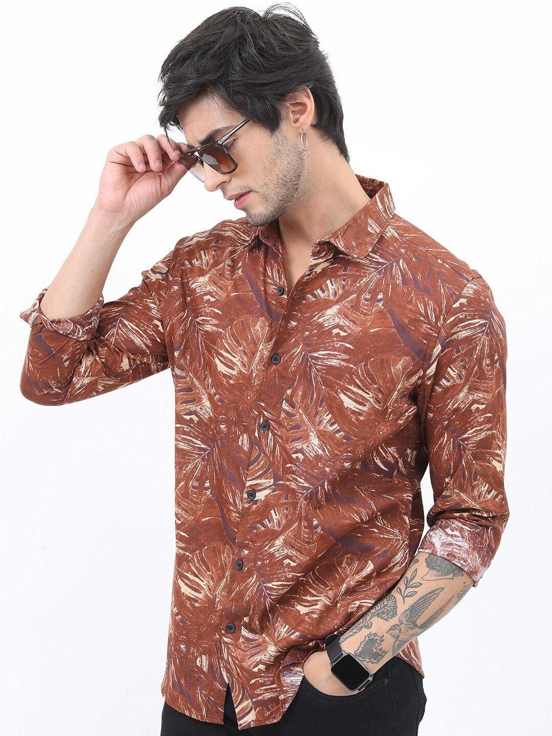 highlander men rust slim fit floral printed casual shirt