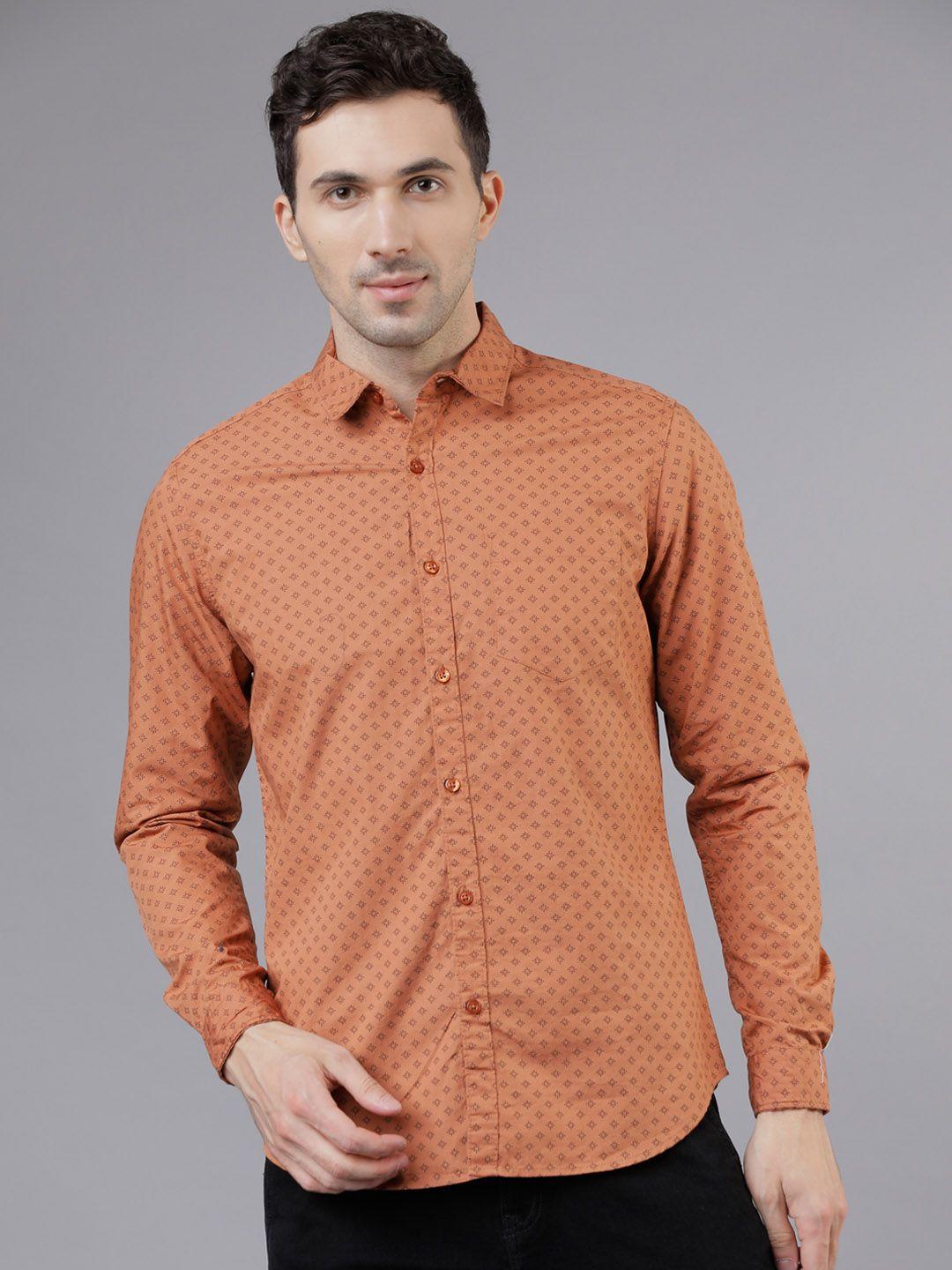 highlander men rust slim fit printed casual shirt