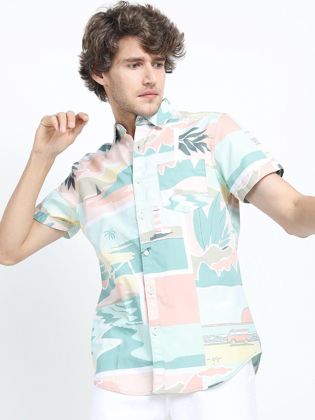 highlander men sea green & pink slim fit printed cotton casual shirt