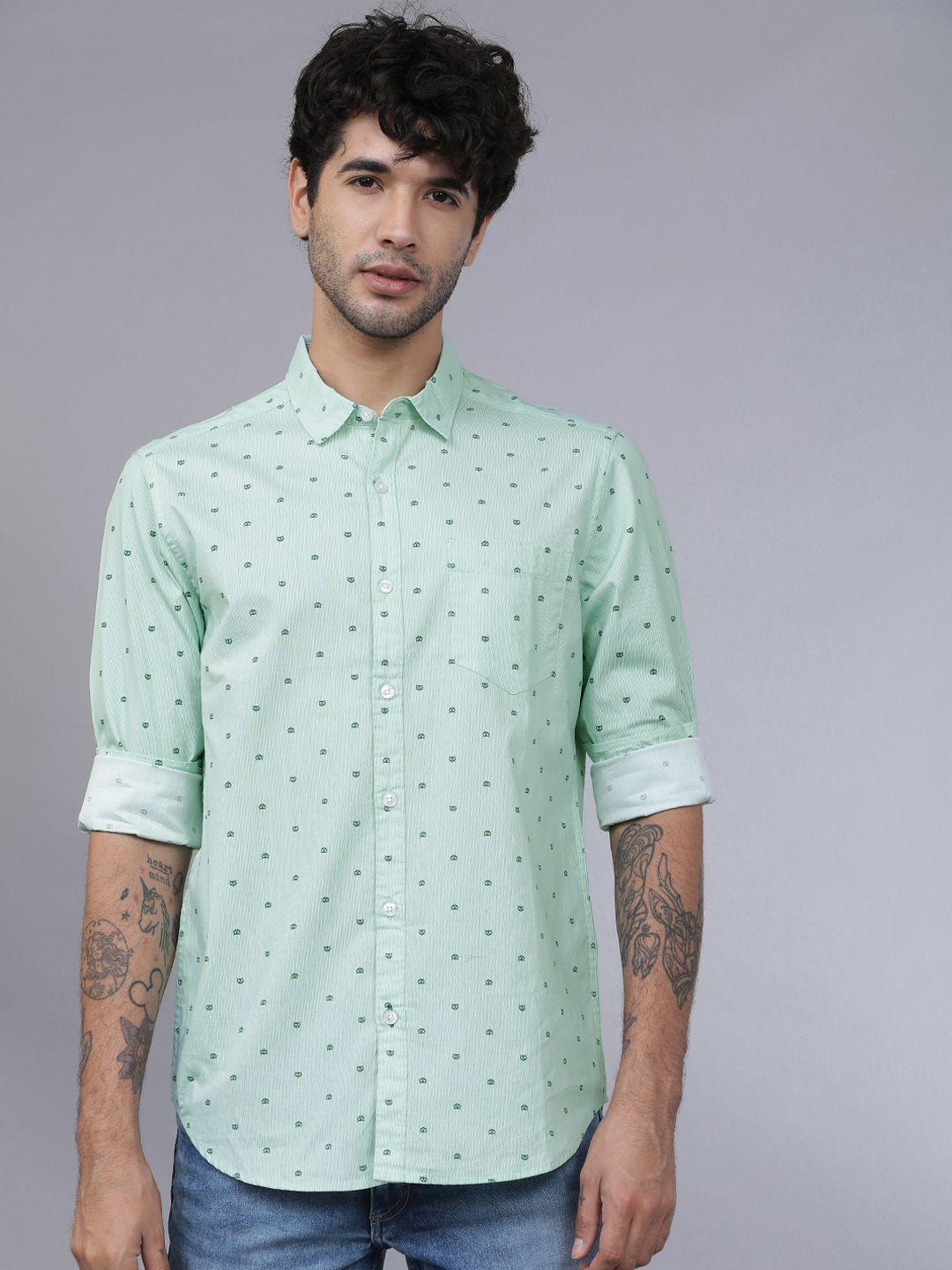 highlander men sea green slim fit printed casual shirt