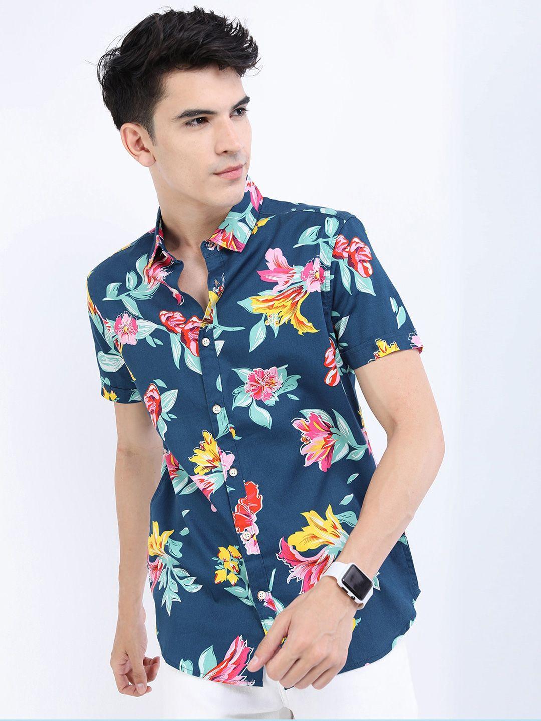 highlander men teal slim fit floral printed casual shirt