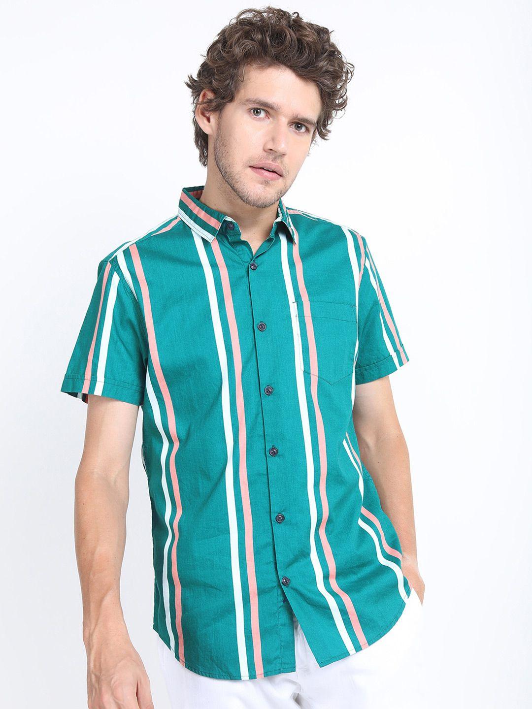 highlander men teal slim fit multi stripes striped casual shirt