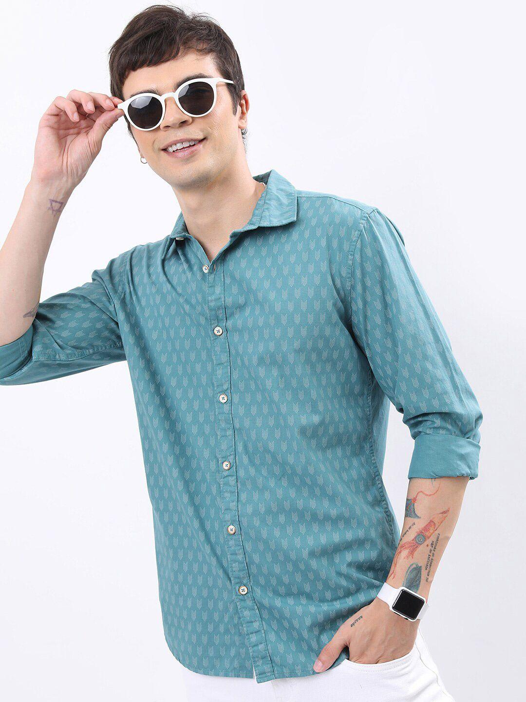 highlander men teal slim fit opaque printed casual shirt