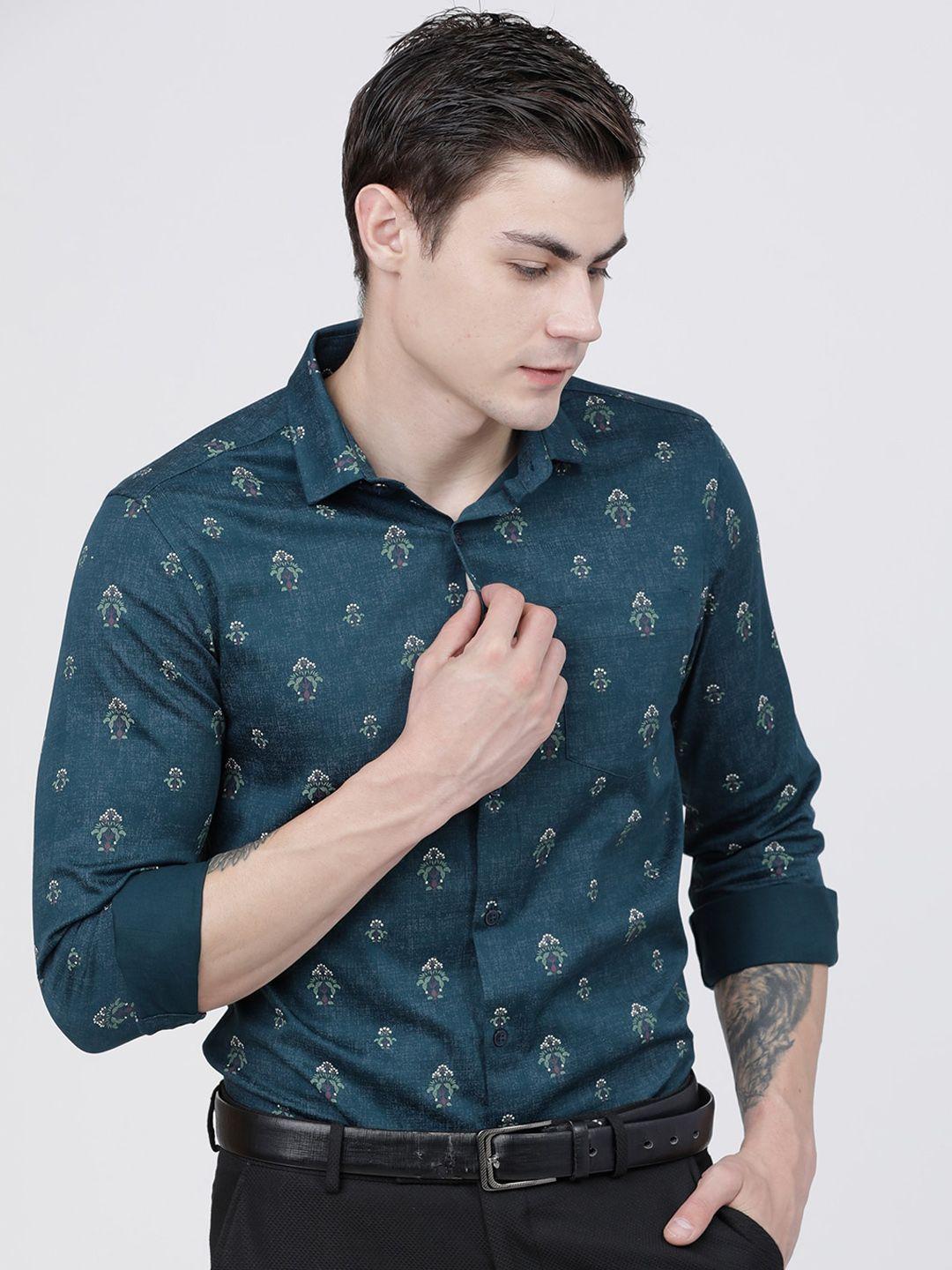 highlander men teal slim fit printed casual shirt