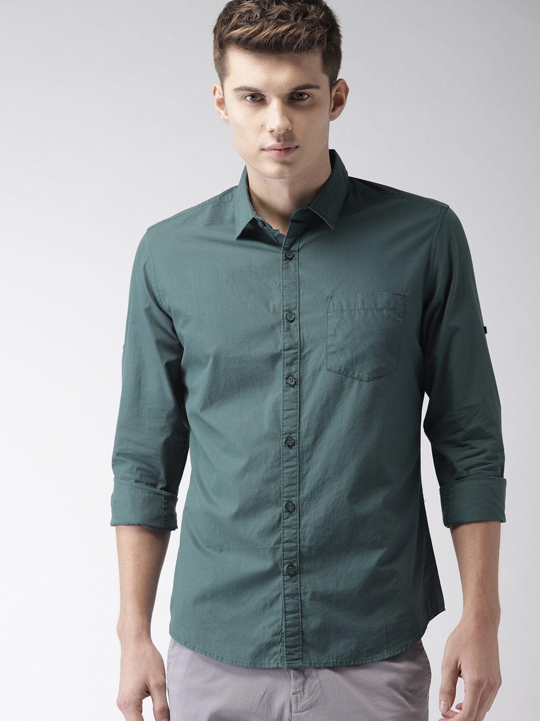 highlander men teal slim fit solid casual shirt