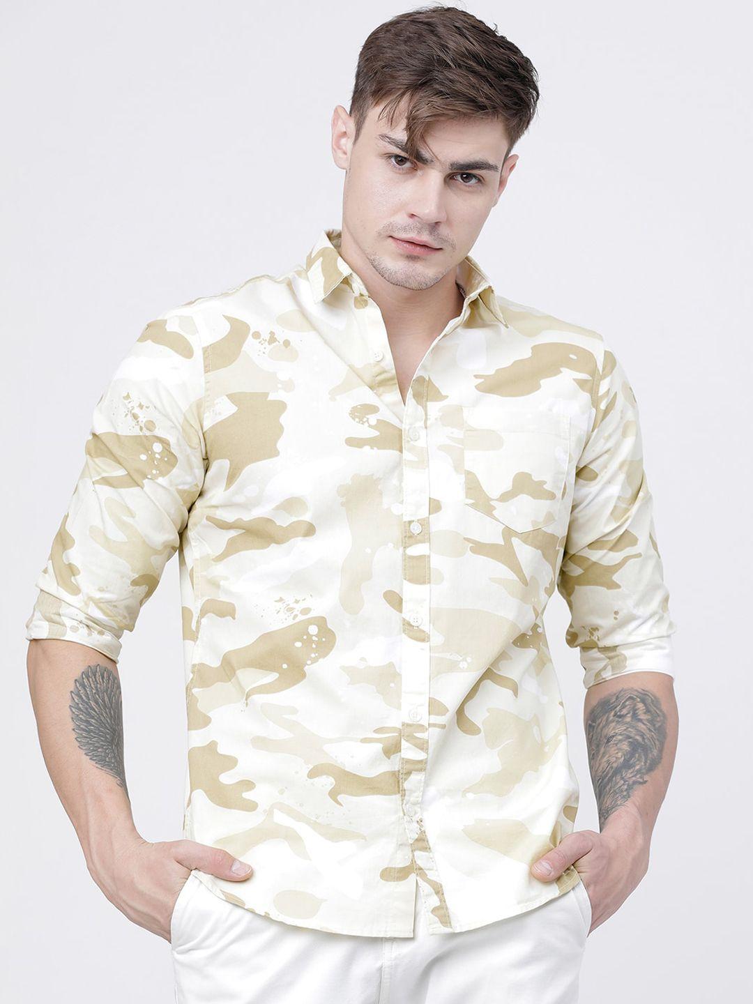 highlander men white & beige slim fit printed casual shirt