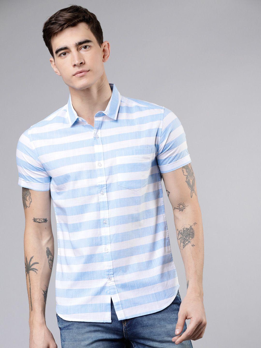 highlander men white & blue slim fit striped casual shirt