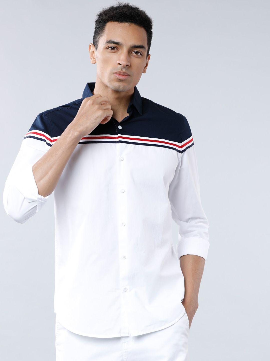 highlander men white & navy blue slim fit solid casual shirt