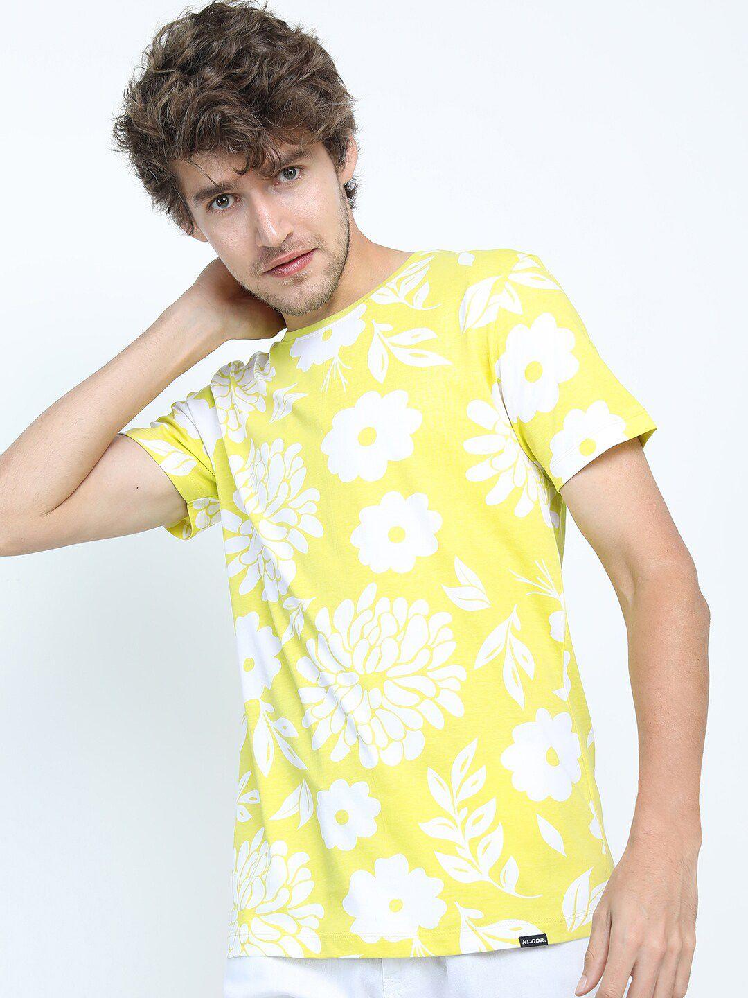 highlander men yellow & white floral printed slim fit cotton t-shirt