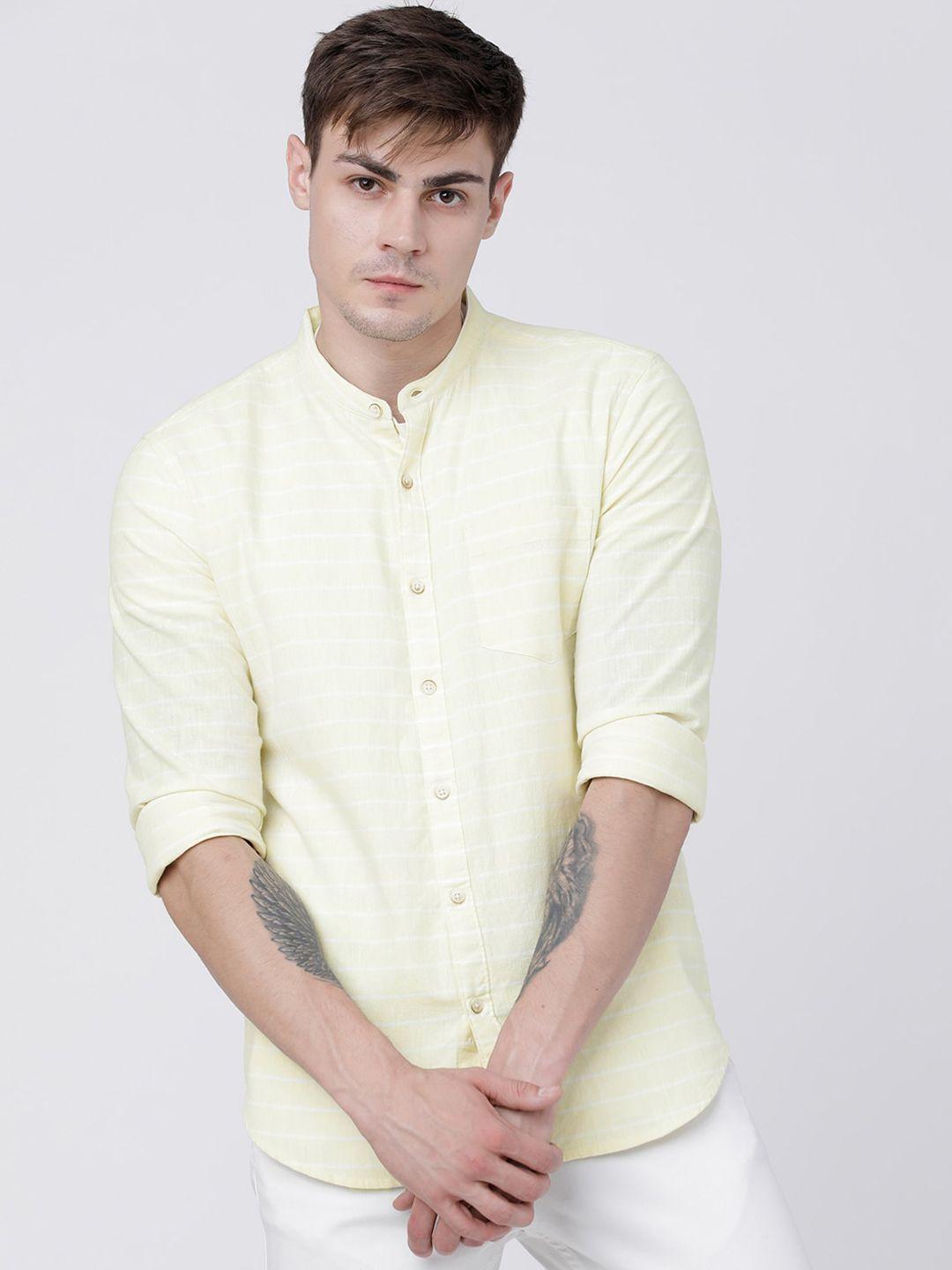 highlander men yellow & white slim fit striped casual shirt