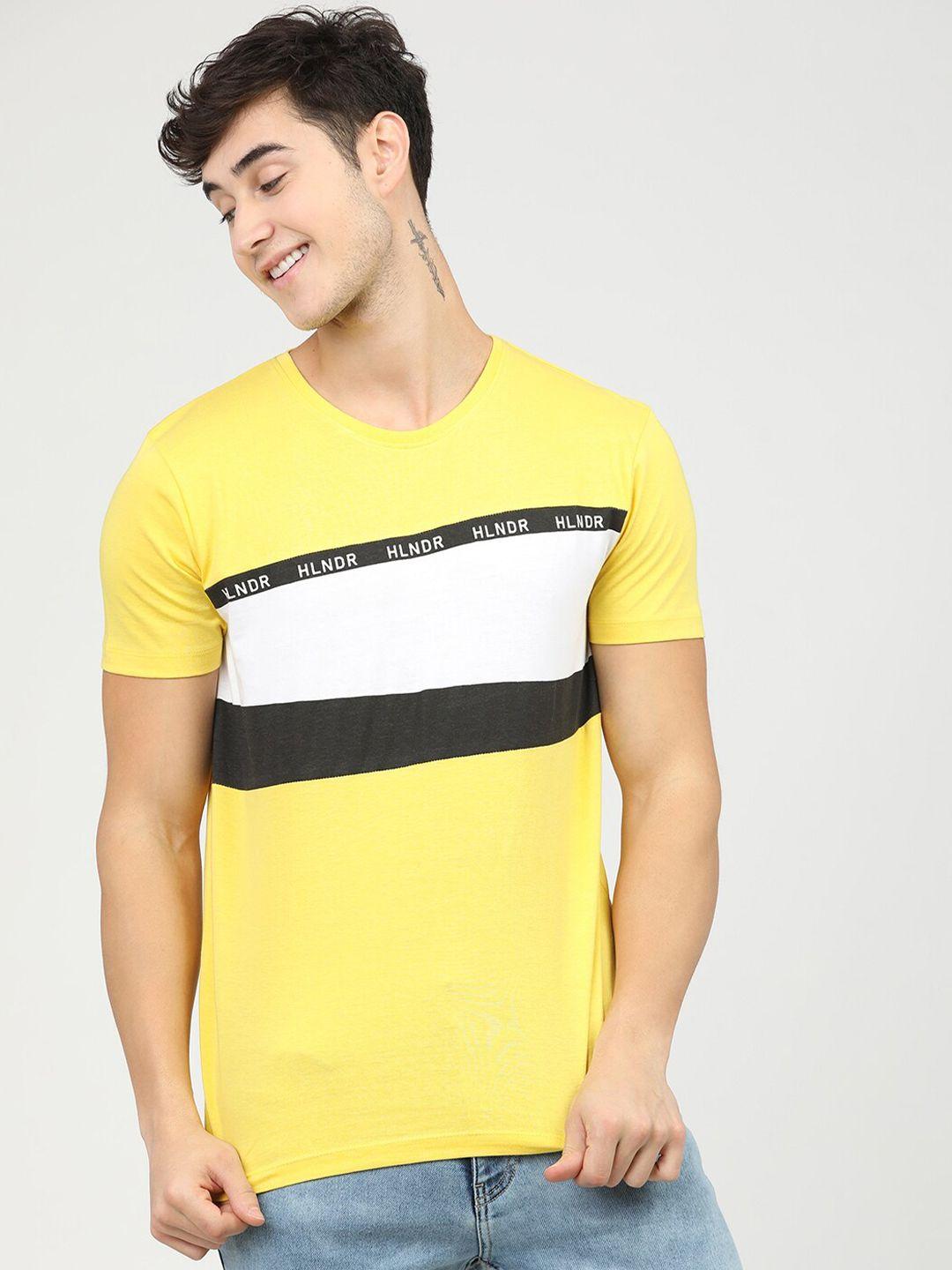 highlander men yellow colourblocked v-neck applique slim fit t-shirt