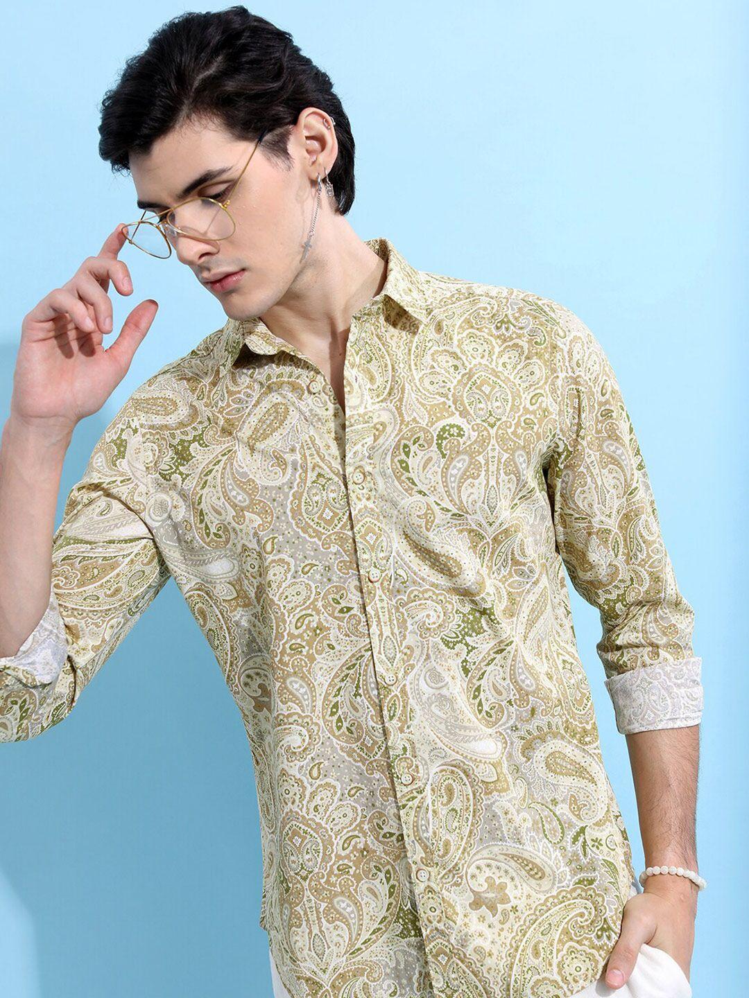 highlander men yellow slim fit floral opaque printed cotton casual shirt