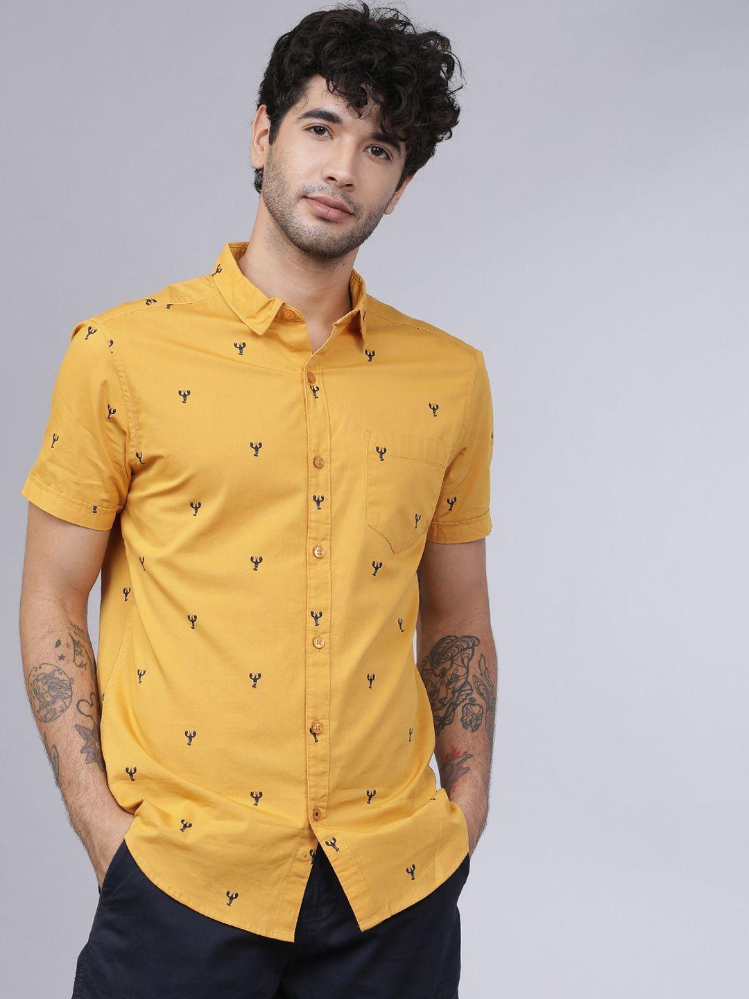 highlander men yellow slim fit printed casual shirt