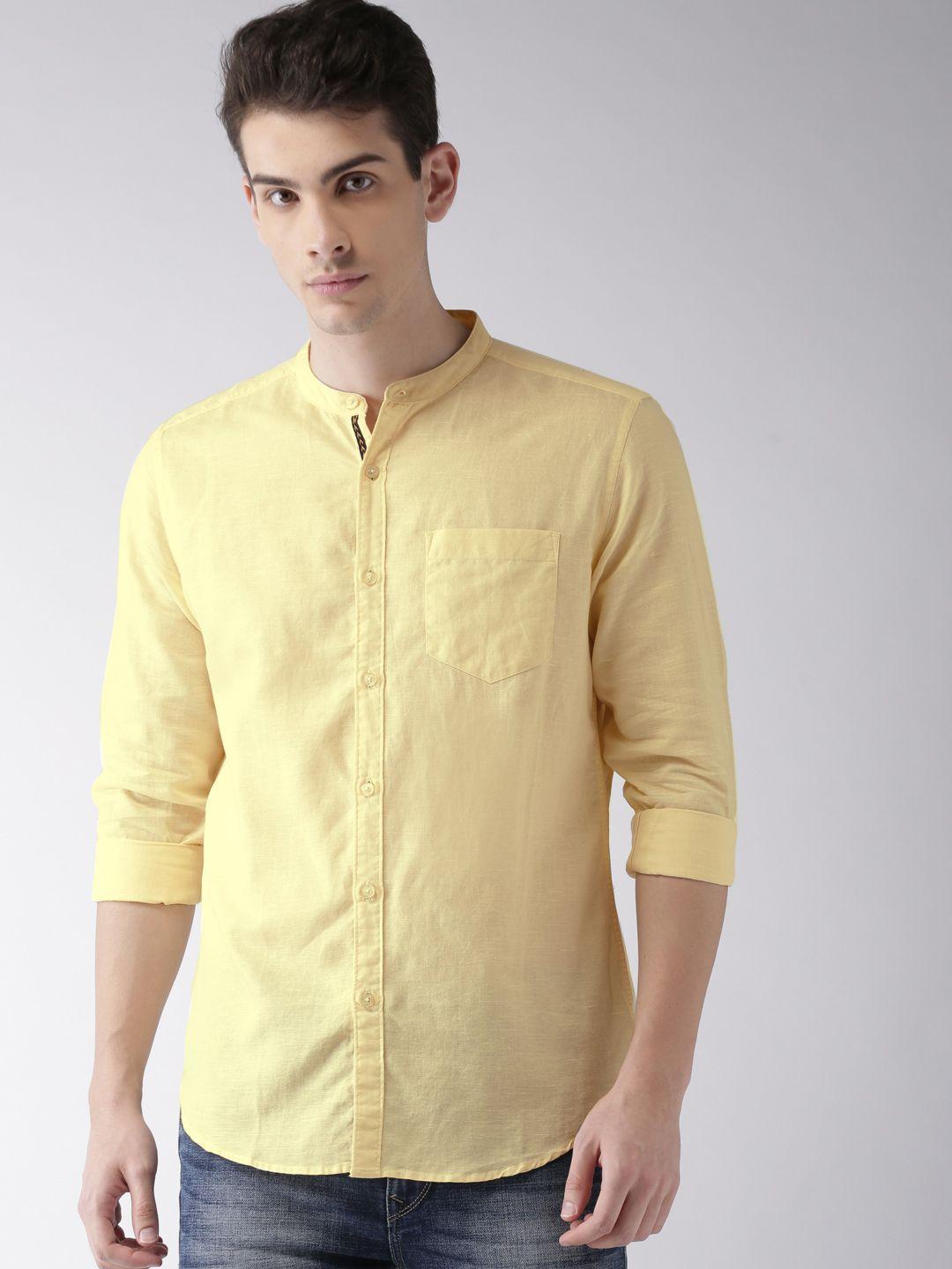 highlander men yellow slim fit solid casual shirt