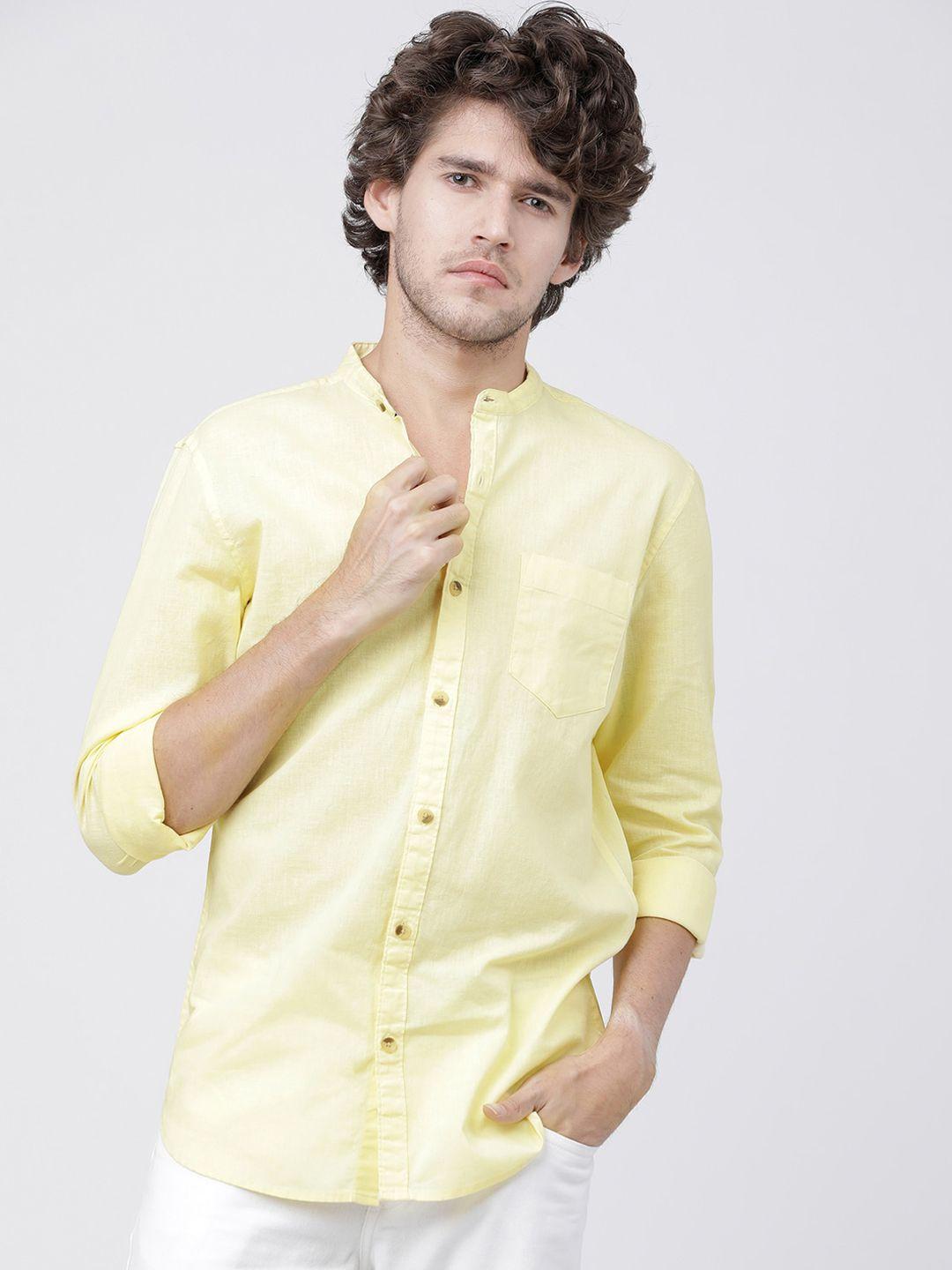 highlander men yellow slim fit solid casual shirt