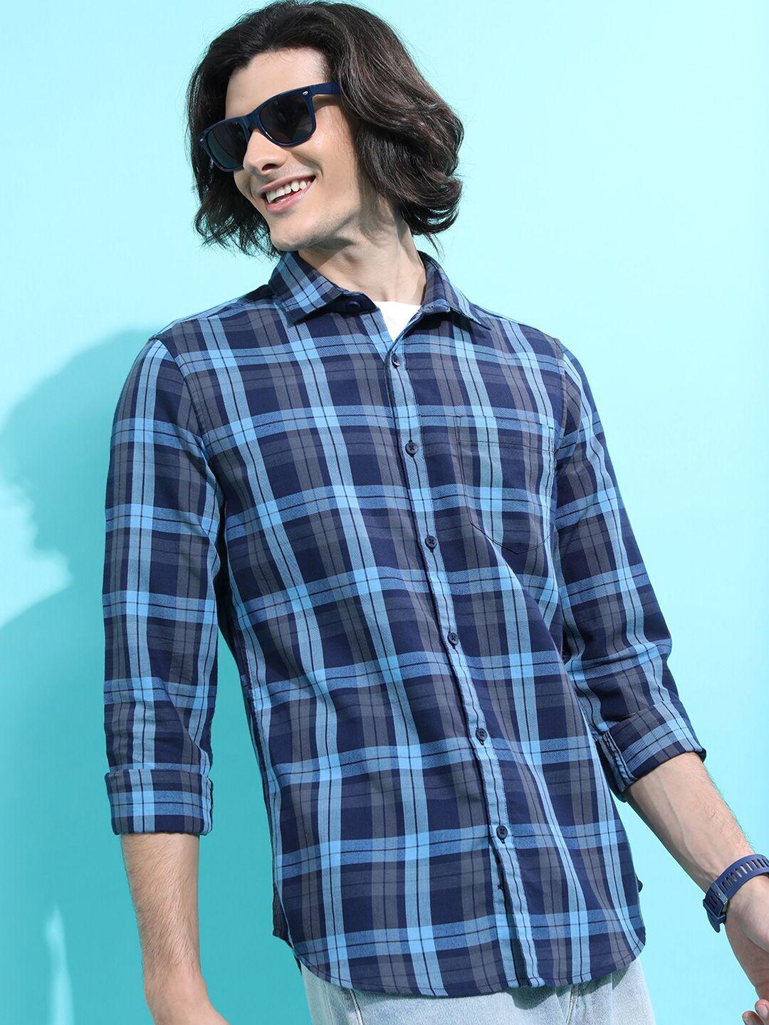 highlander navy blue slim fit tartan checked casual shirt