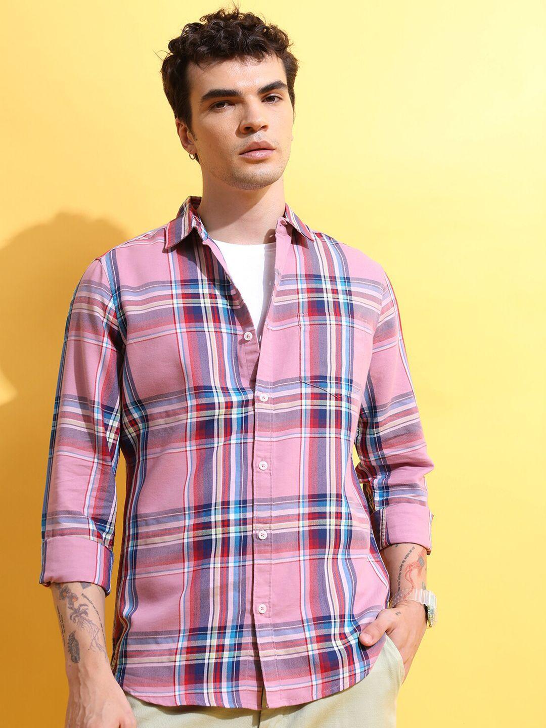 highlander pink & blue slim fit checked casual shirt