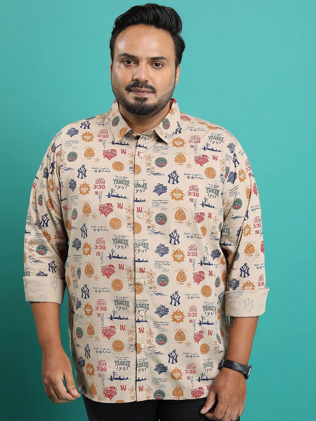 highlander plus size beige & yellow slim fit conversational printed cotton casual shirt