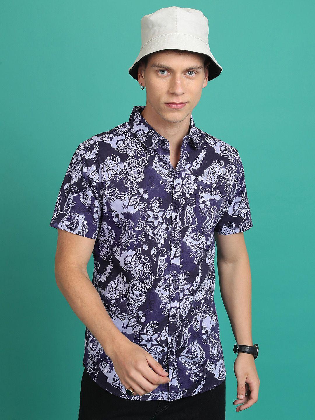 highlander purple slim fit floral printed casual cotton shirt