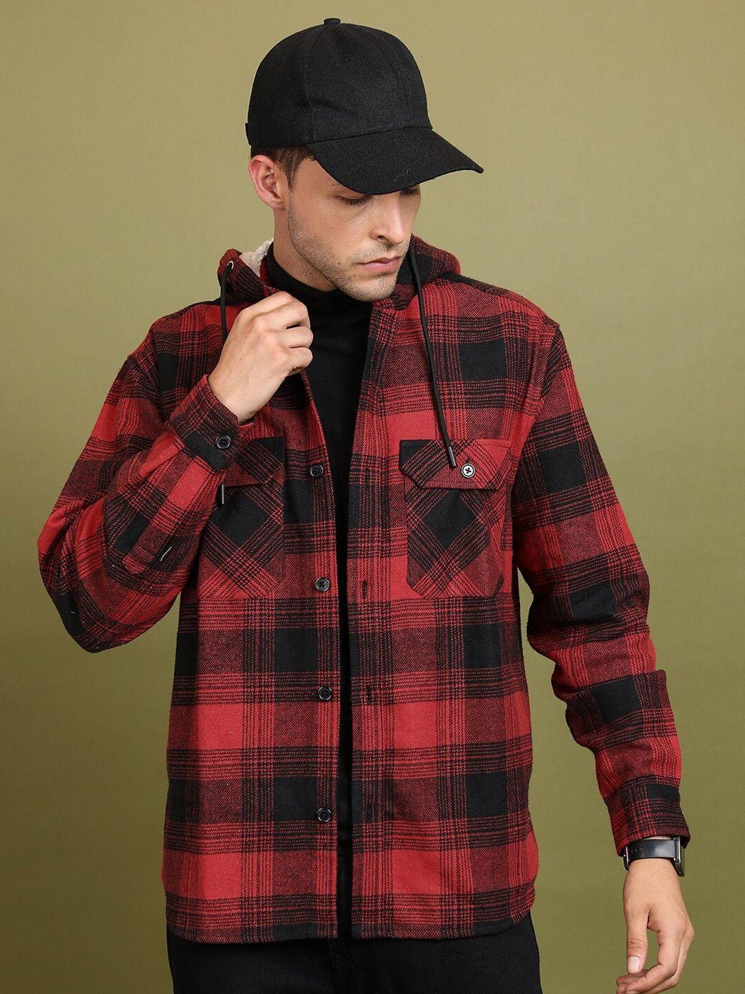 highlander red hooded tartan checked oversized shirt