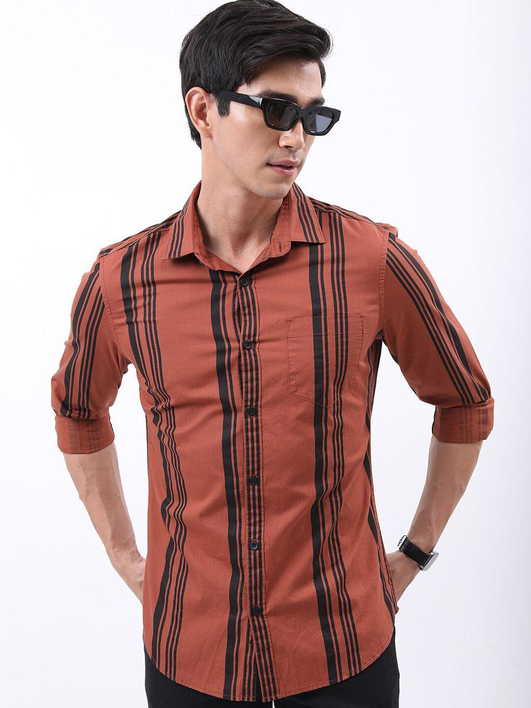 highlander rust and black slim fit vertical striped cotton casual shirt