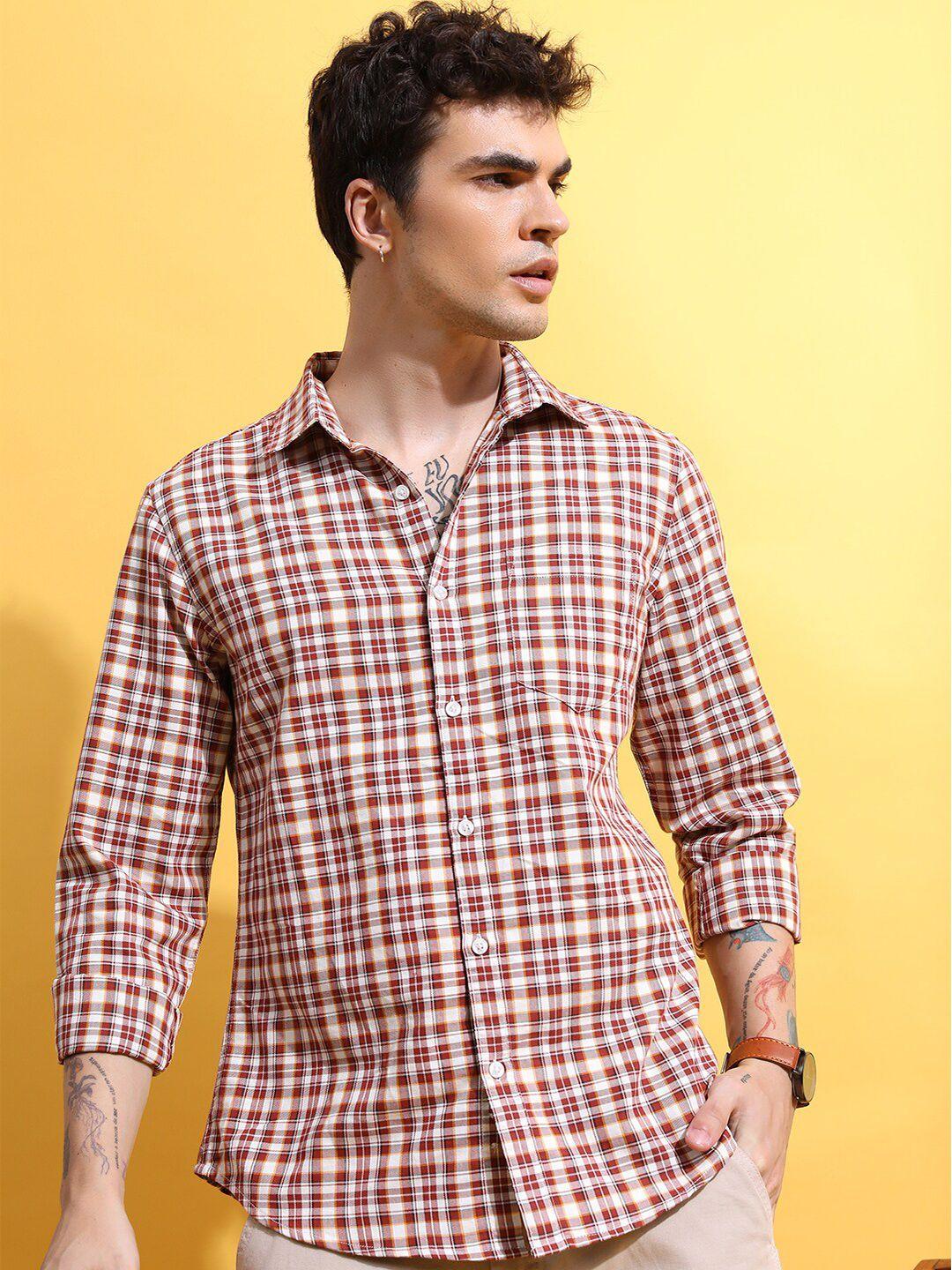 highlander rust slim fit tartan checked casual shirt