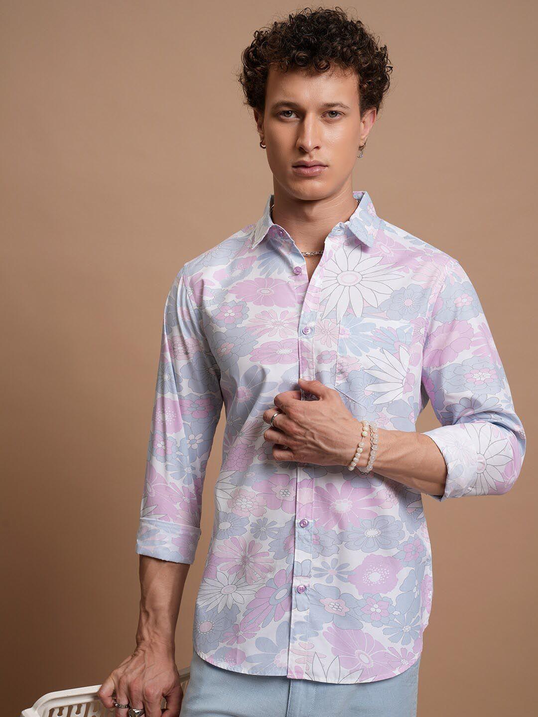 highlander slim fit floral printed cutaway collar casual shirt