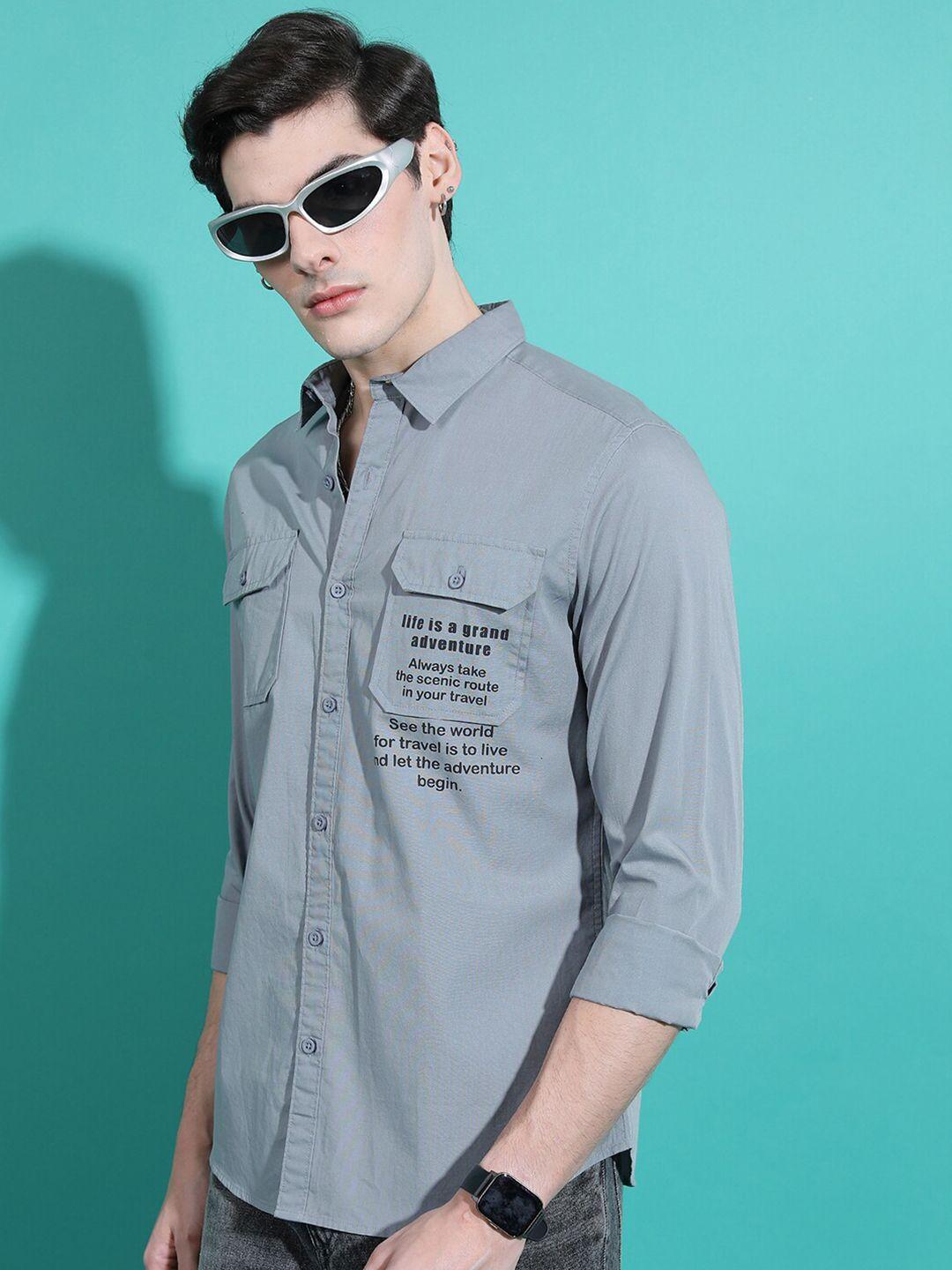 highlander slim fit typography printed spread collar cotton casual shirt