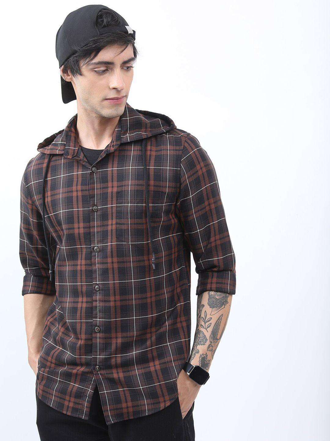 highlander tartan checked hooded slim fit casual shirt