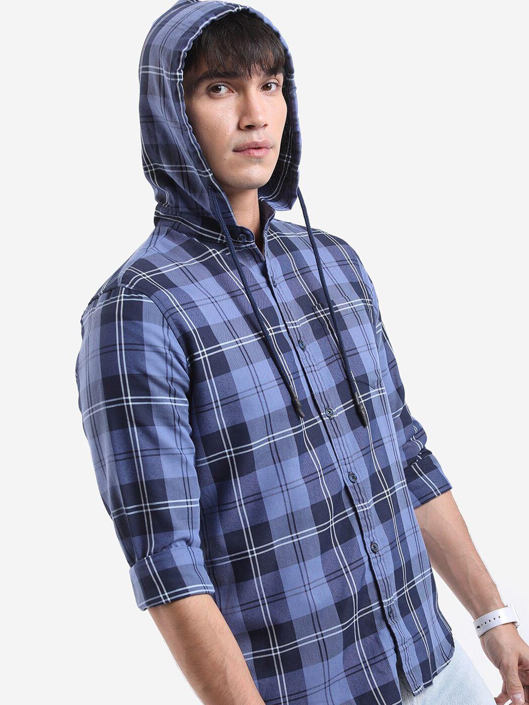 highlander tartan checked hooded slim fit casual shirt