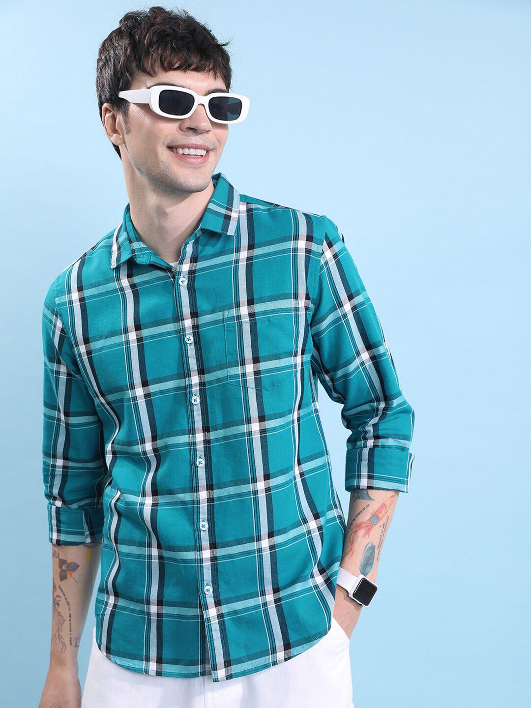 highlander teal slim fit tartan checked casual shirt