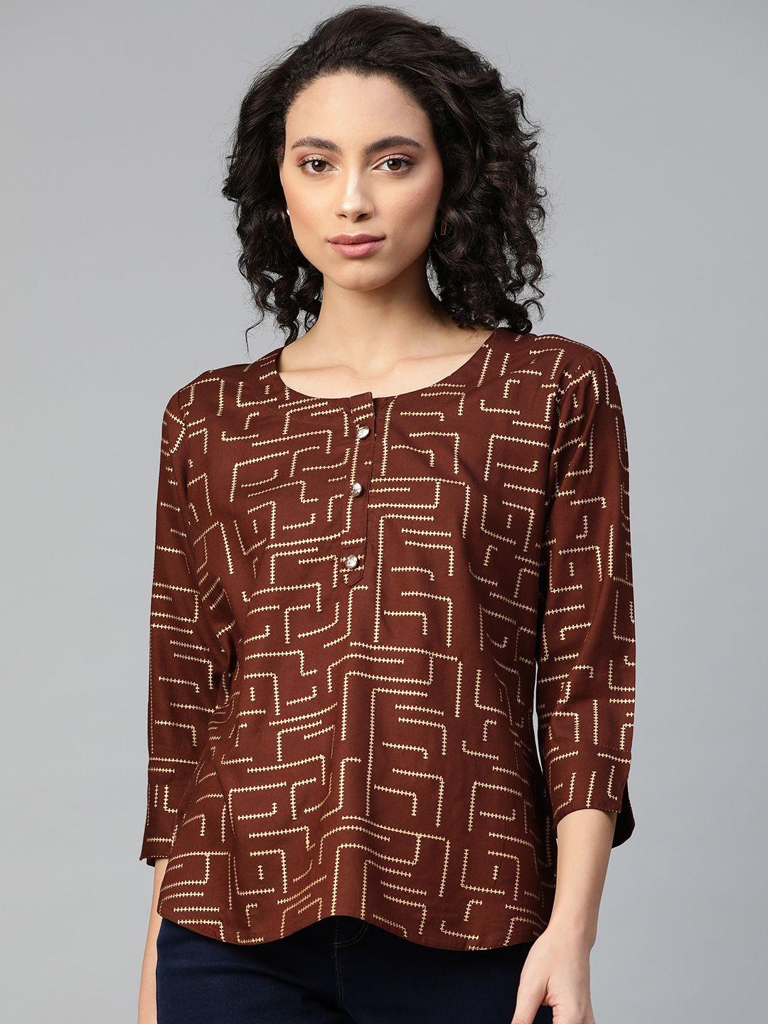 highlight fashion export coffee brown & golden foil geometric printed top