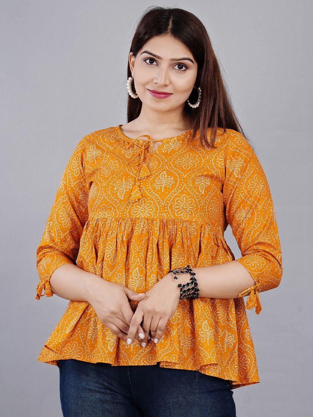highlight fashion export mustard yellow print tie-up neck top
