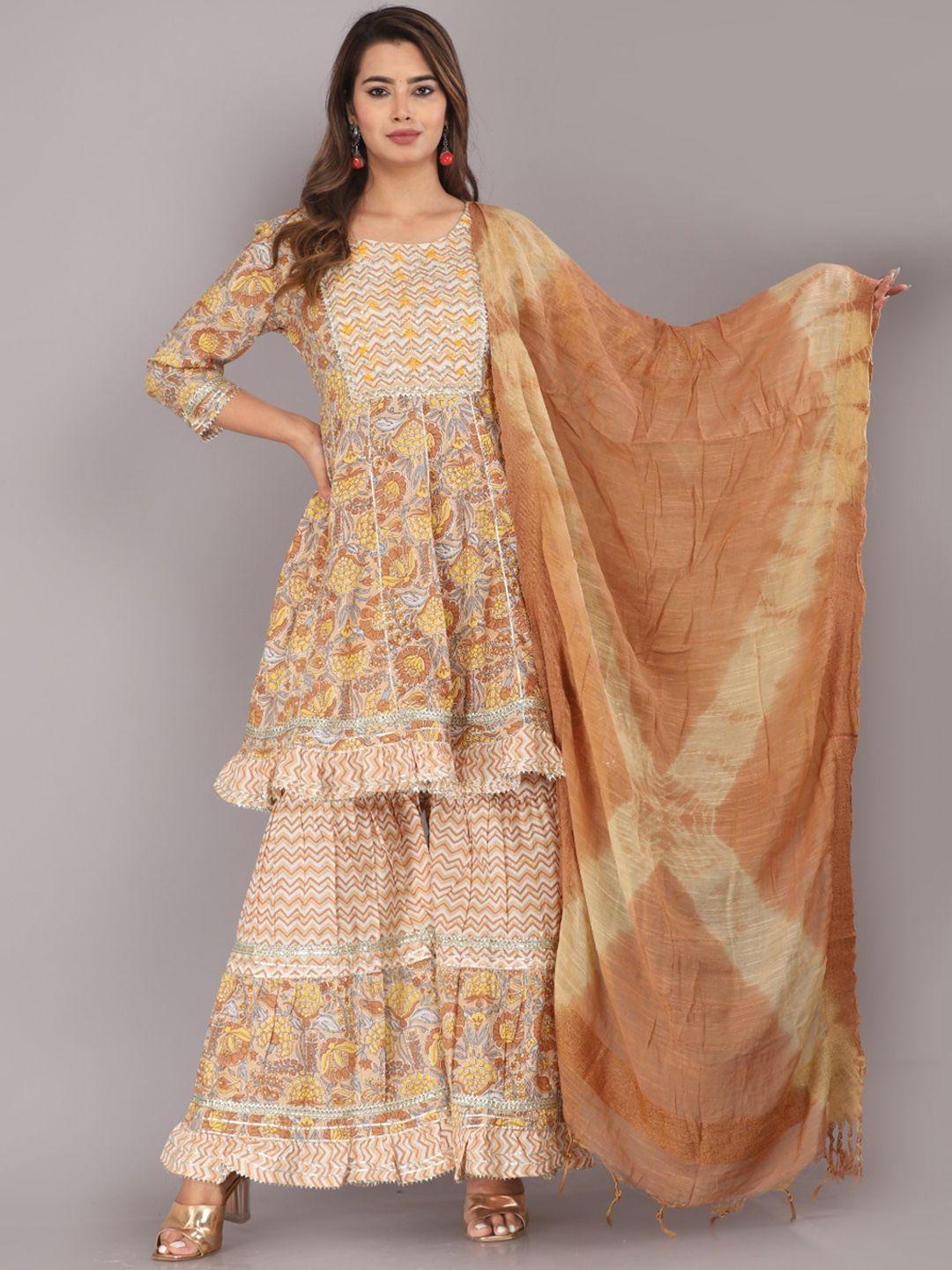 highlight fashion export printed gotta patti cotton a-line kurta with sharara & dupatta