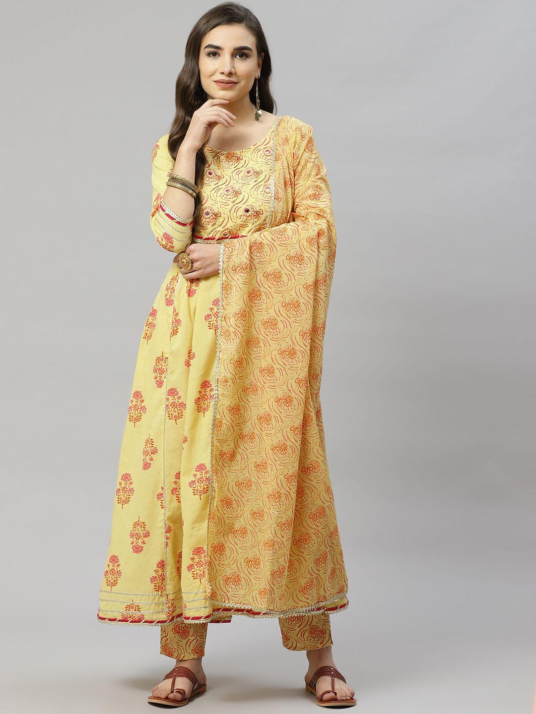 highlight fashion export women beige ethnic motifs printed kurta with trousers & with dupatta