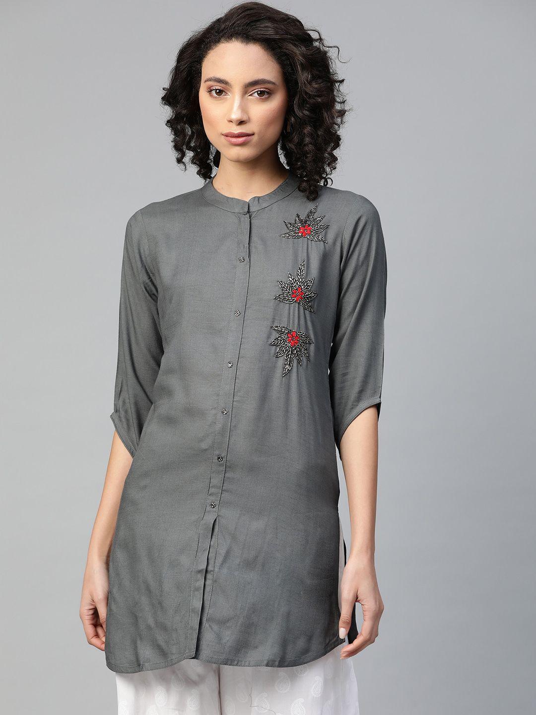 highlight fashion export women grey embellished handwork detail straight kurti