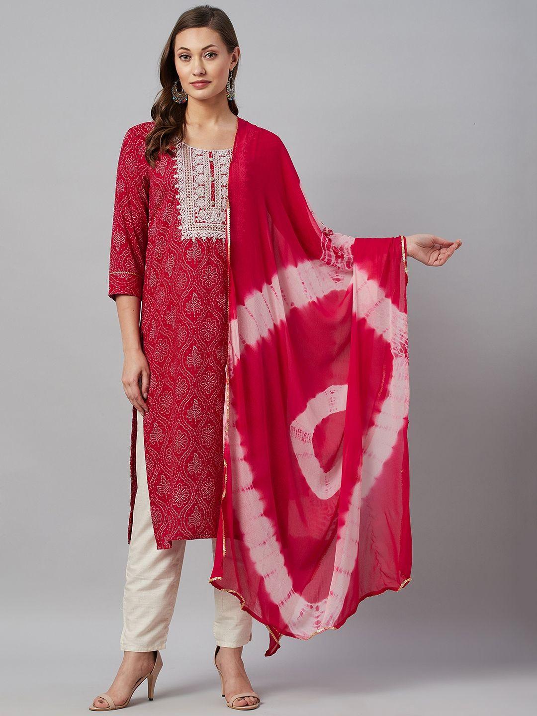 highlight fashion export women maroon bandhani printed kurta with trousers & dupatta
