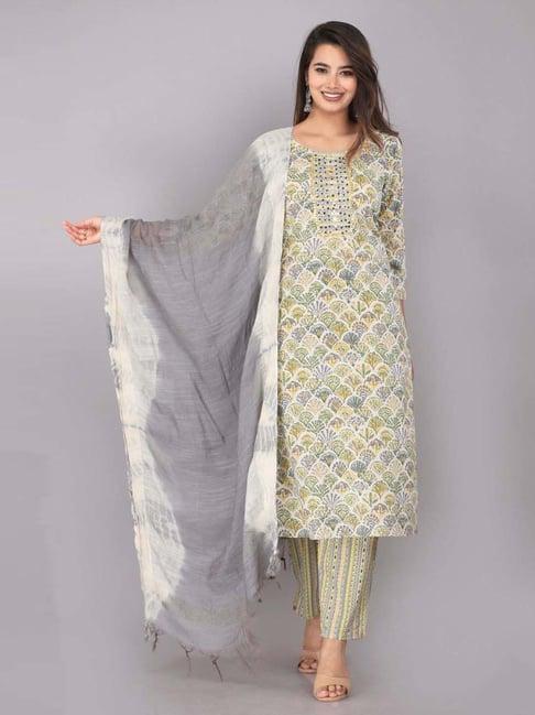 highlight fashion export beige cotton embroidered kurta pants set