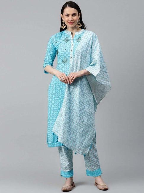 highlight fashion export blue cotton embellished kurta pants set