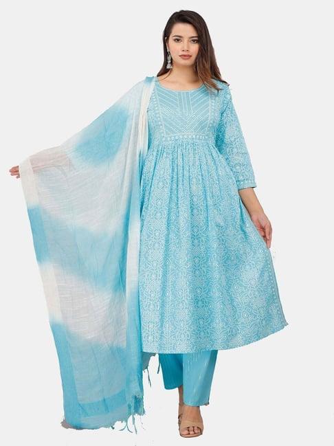 highlight fashion export blue cotton embroidered kurta pants set with dupatta