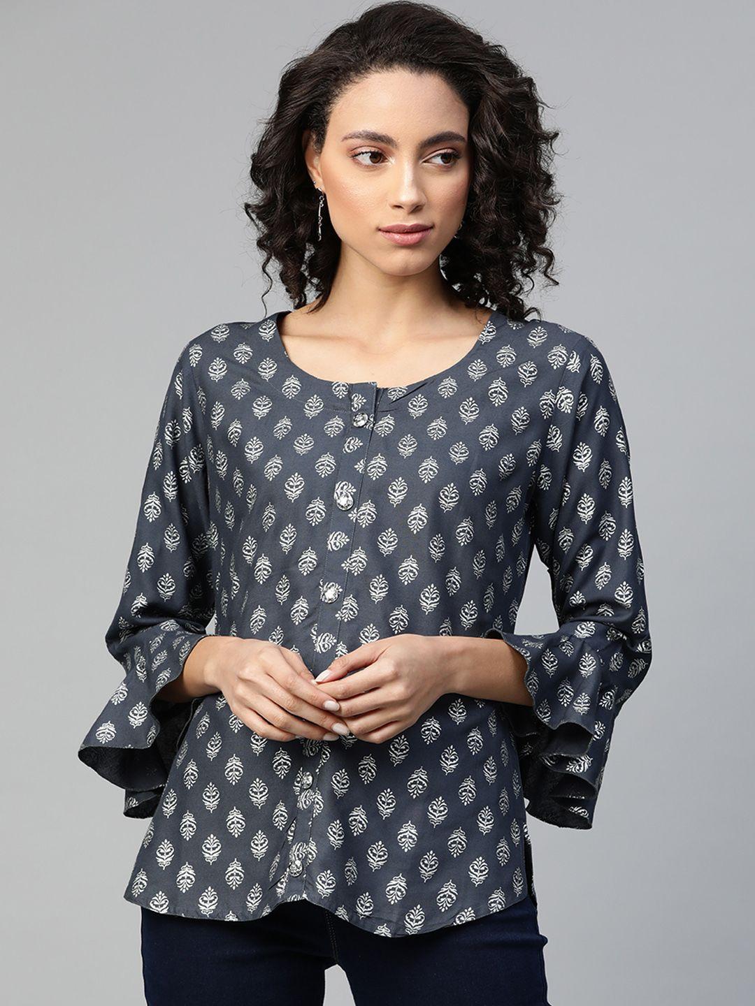 highlight fashion export charcoal grey & silver foil printed bell sleeves top