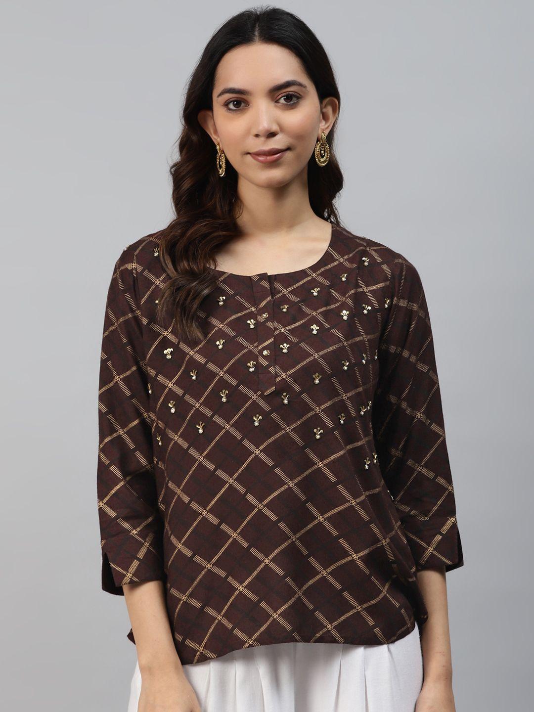 highlight fashion export coffee brown & golden checked hand embroidered top