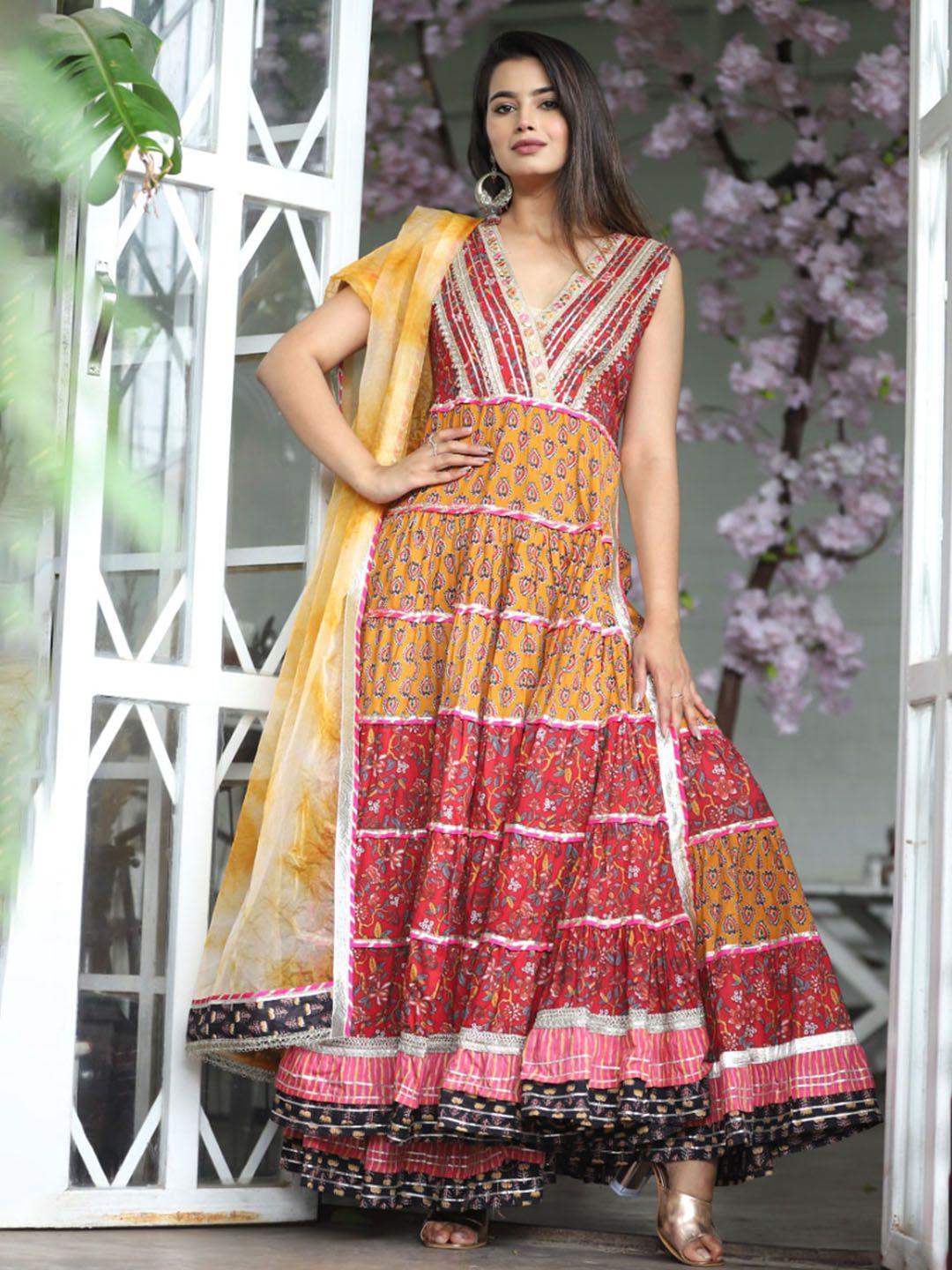 highlight fashion export ethnic motifs printed tiered gotta patti pure cotton kurta set