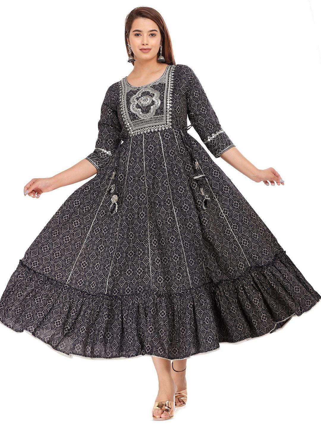 highlight fashion export ethnic motifs round neck three-quarter sleeves cotton midi dress