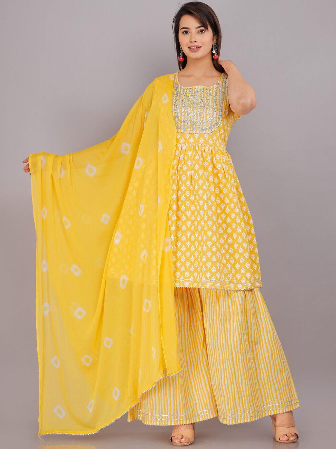 highlight fashion export ethnic printed sequinned pure cotton kurta with sharara & dupatta