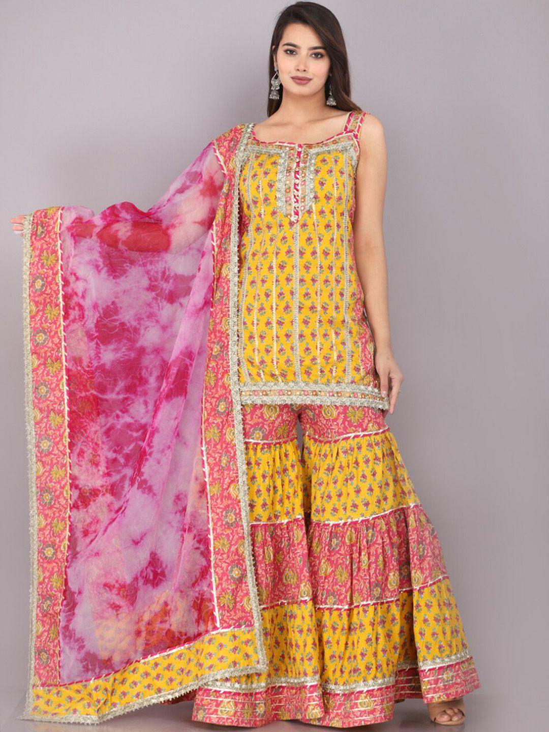 highlight fashion export floral printed gotta patti cotton kurta with sharara & dupatta