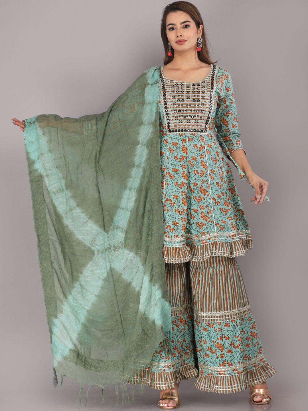 highlight fashion export floral printed pure cotton a-line kurta & sharara with dupatta