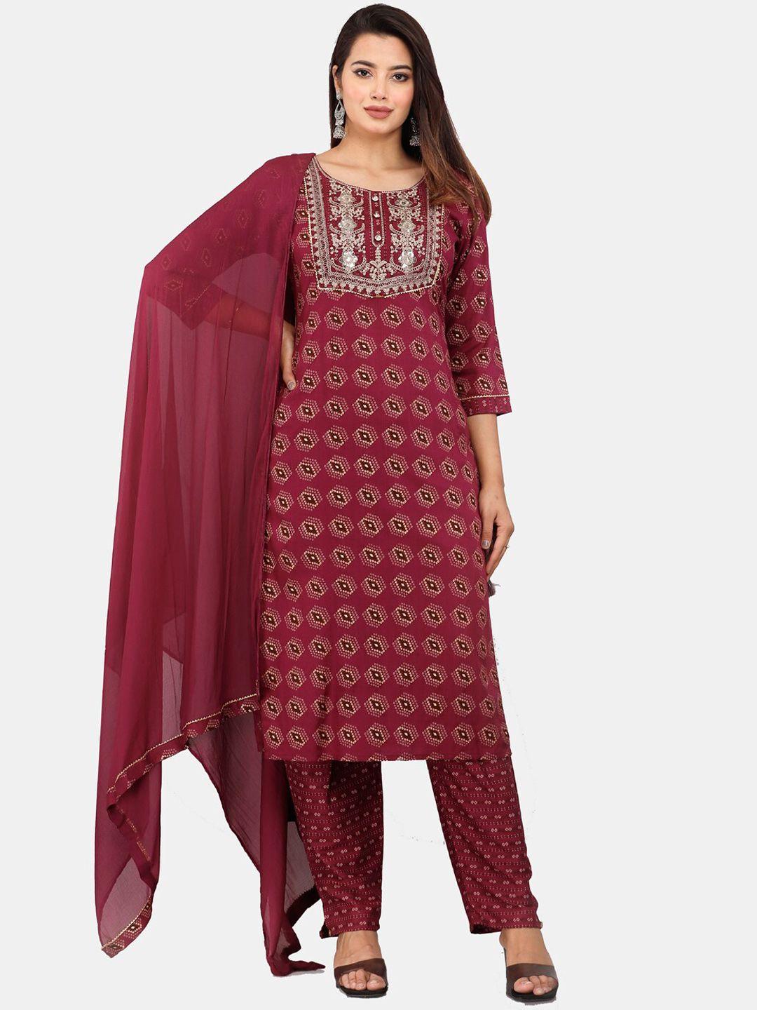 highlight fashion export geometric printed sequinned kurta with trousers & with dupatta