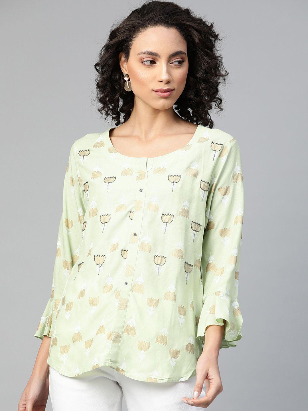 highlight fashion export green & golden foil printed bell sleeves top