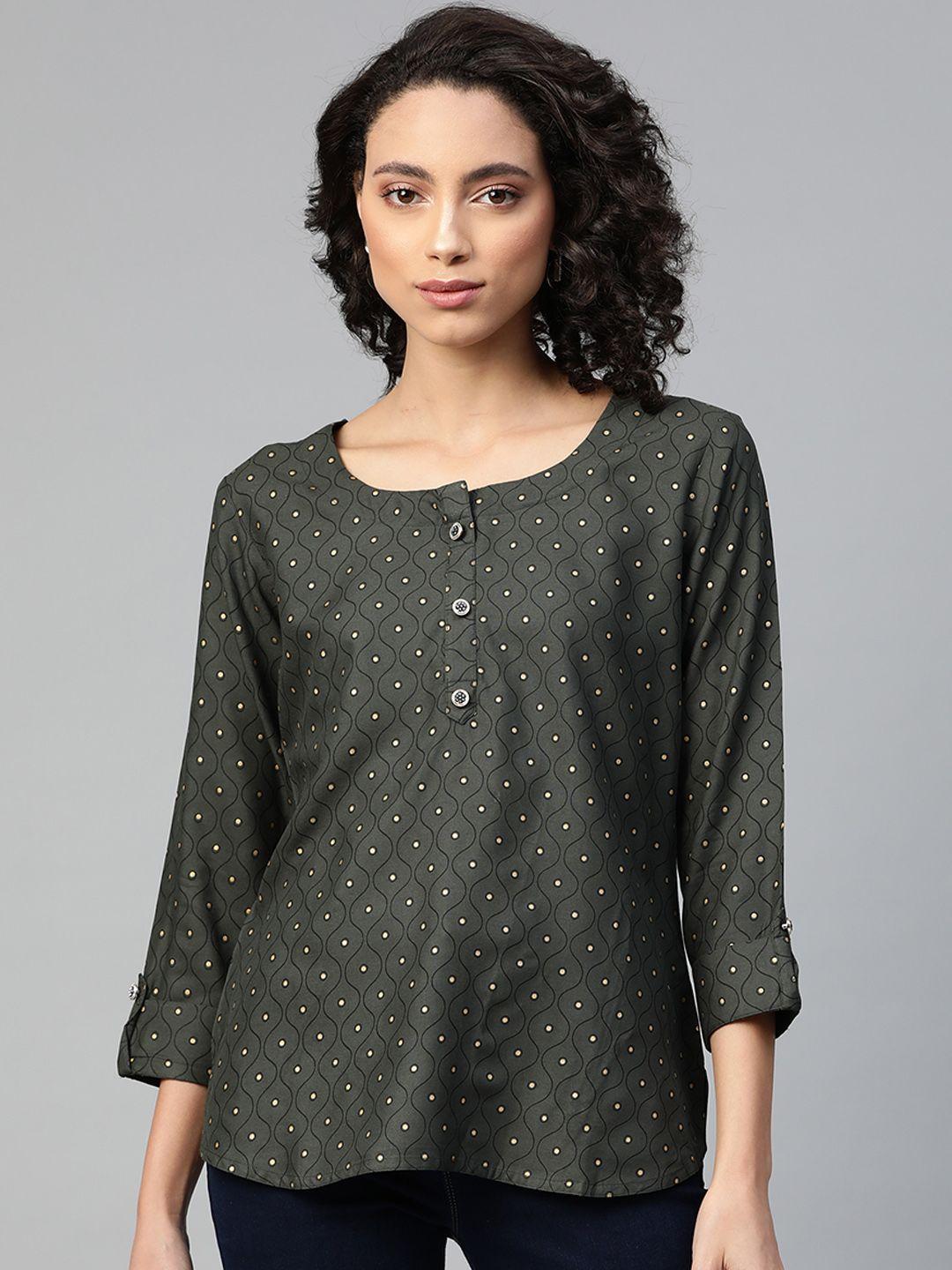 highlight fashion export green & golden foil printed top
